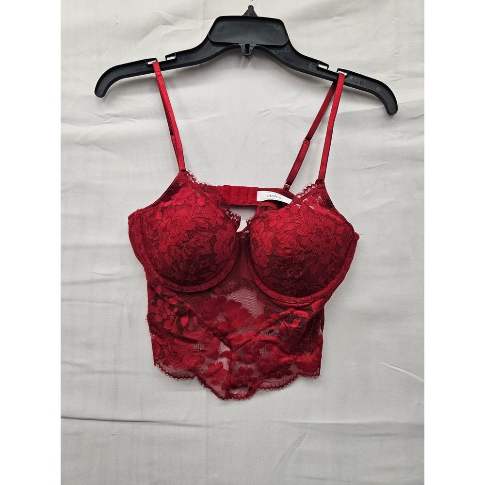 Auden Red Floral Lace Longline Bustier Bra Sheer Mesh Scalloped Hem Small